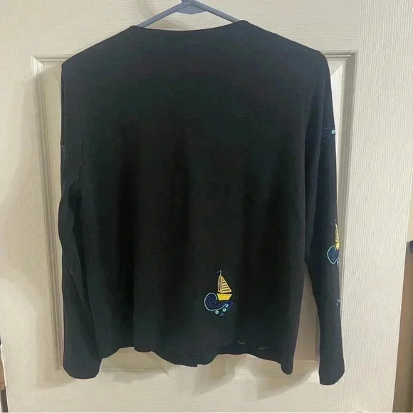 Y2K Michael Simon Cardigan Sweater Large Black Embroidered Flamingo Palm Tree S - Picture 7 of 8